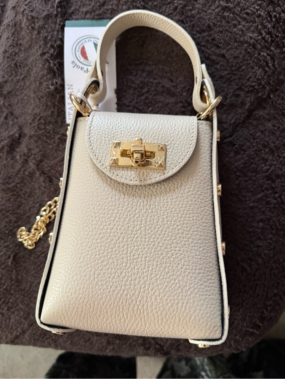 Cream Mini Top-Handle Crossbody Bag with Gold Lock